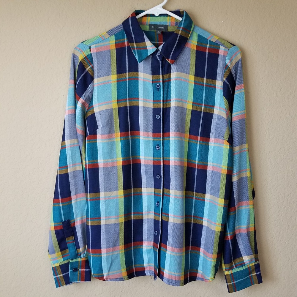 The Limited Plaid Button Up Shirt Womens Blue Orange sz Small S NWT Cotton Modal